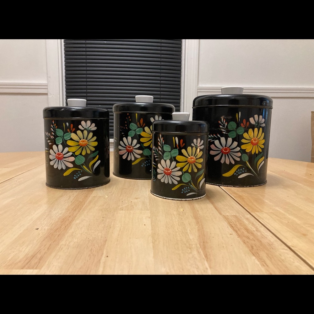 Vintage Ransburg tin canisters, nesting, hand painted.